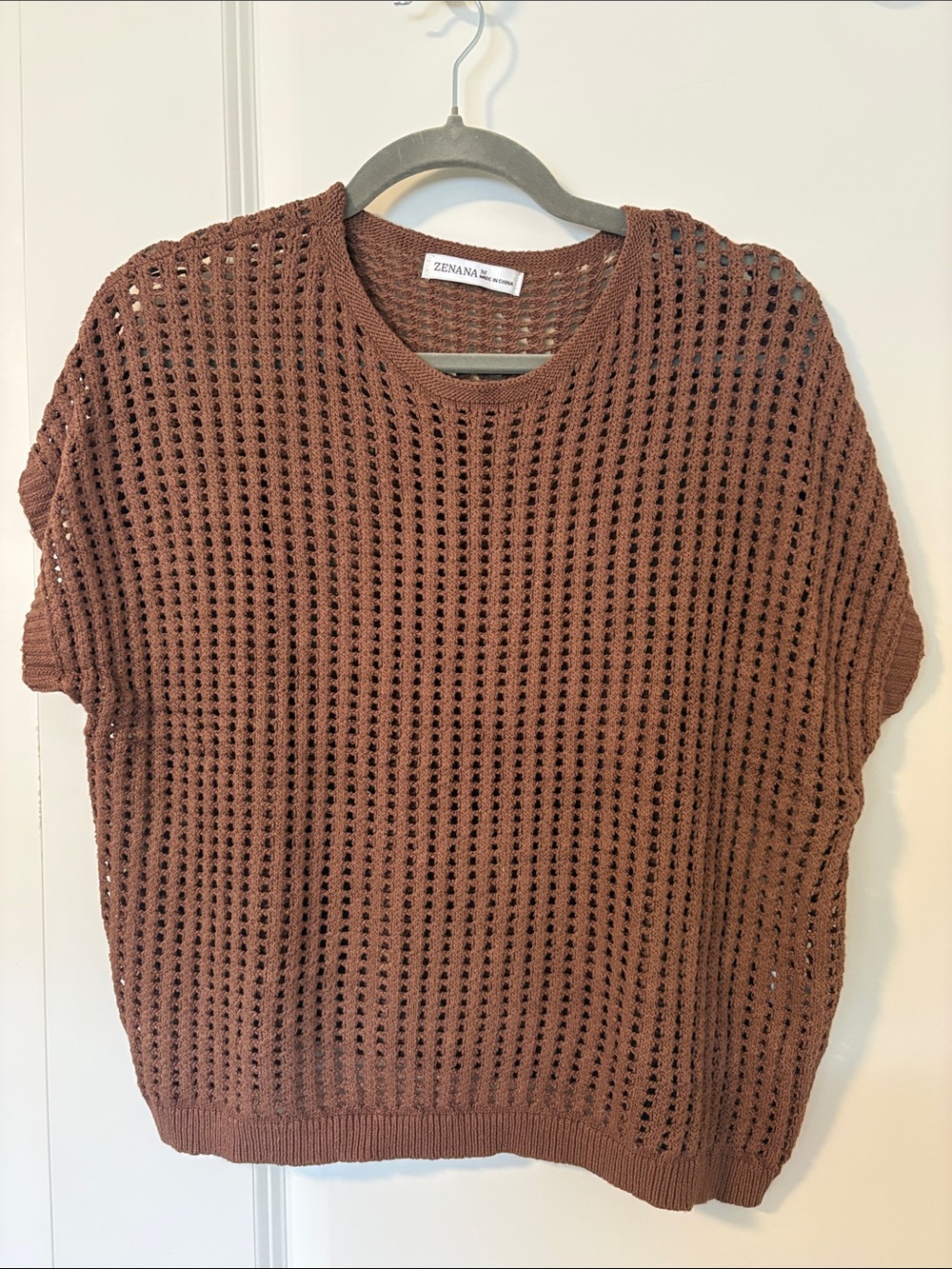 Zenana Outfitters Crewneck Open-Knit Sweater in Rust Brown
